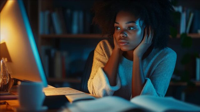 Young adult female focused on laptop computer screen, sitting at a cluttered workspace with papers, books, and a glowing desk lamp.