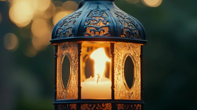 A beautifully crafted lantern with a lit candle inside of it, set against the backdrop of a garden at dusk.