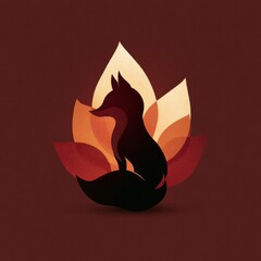 Naklejka premium A fox silhouette rests against glowing leaves. The scene uses a russet gradient. The setting captures the essence of twilight in wildlife.