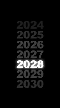 A list of years scrolls vertically on a black background highlighting 2027 and 2028 in a minimalist graphic style.