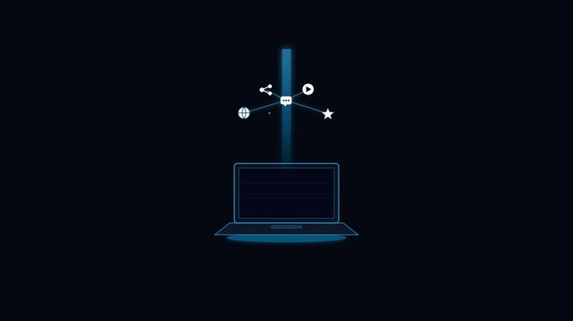 Digital Laptop Animation with Social Media Icons and Light Beam
