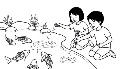 Kids feeding koi fish in a pond.