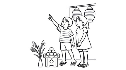 Kids observing moon festival offerings.