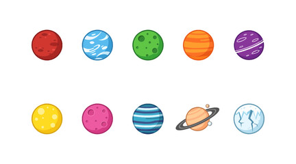 Set of ten stylized cartoon planets representing a diverse colorful solar system © Duel