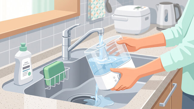 Illustration of Hands Rinsing and Filling a Humidifier Water Tank at a Kitchen Sink
