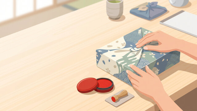 Illustration of hands wrapping a gift box with traditional Japanese patterned paper and hanko seal stamp on wooden table