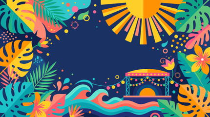 Fototapeta premium Vibrant tropical beach resort illustration with colorful sun and ocean waves border