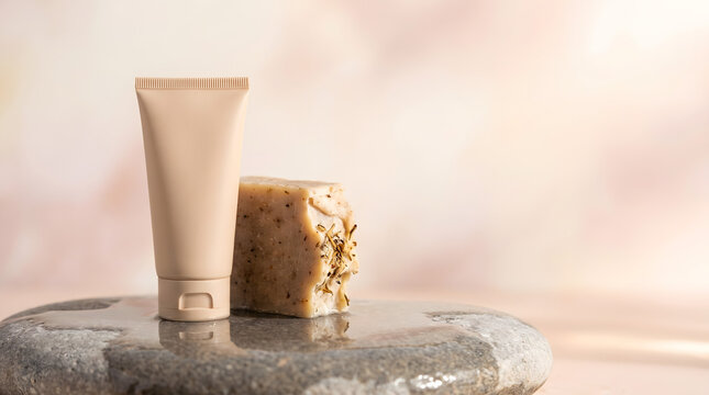 Cosmetic Tube Packaging Mockup and Natural Herbal Soap Bar on Wet Stone Podium with Neutral Pastel Background