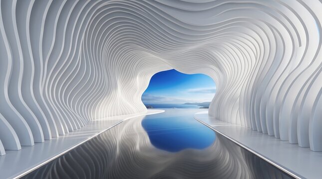 Abstract futuristic white architectural tunnel with wavy curves and reflection in water overlooking ocean horizon architecture futuristic abstract structure reflection geometric minimalist