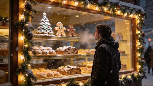 Festive Bakery Window: A man gazes longingly at a snow-dusted bakery window adorned with Christmas lights, showcasing an array of festive treats like gingerbread men and decorated Christmas trees.
