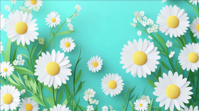 Daisies bloom with delicate white petals and sunny yellow centers. Green stems and leaves frame the cheerful floral arrangement. Tiny white blossoms dot the composition subtly