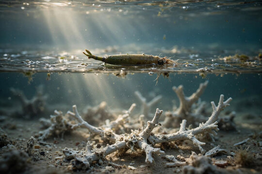 Mangrove Seedling Floating Above Dead Bleached Coral Symbol Of Resilience