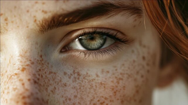 A close-up focusing on the facial features of a person, highlighting their freckles and unique eye color.