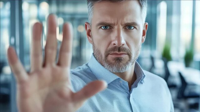 A man with a beard and short hair stands in an office setting, making a hand gesture that signifies 'stop' or 'no.' He wears a button-up shirt with subtle patterns.