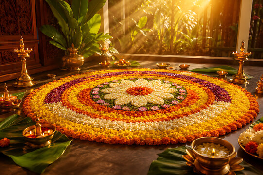 Beautiful Onam Pookalam Rangoli with Colorful Flowers Festive Banner Template