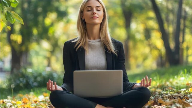 Woman meditates outdoors with laptop on lap. She sits cross-legged on grass and fallen leaves. Trees form soft, golden background. Her eyes close, hands rest gently
