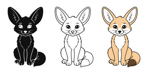 Fototapeta premium Set of three cute cartoon fennec fox characters in silhouette outline and full color styles for children book or sticker design