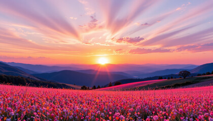 Fototapeta premium Sunset over vibrant pink flower field with mountain range in background under colorful sky with radiant clouds