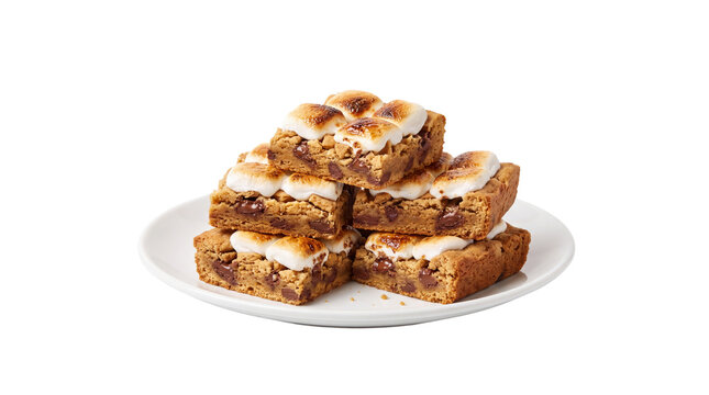 Toast crunch bars with toasted marshmallows and caramel swirls; gooey marshmallow treats; stacked dessert bars on ceramic plate; copy space; bakery treat