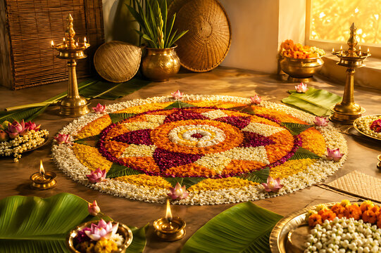 Beautiful Onam Pookalam Rangoli with Colorful Flowers Festive Banner Template