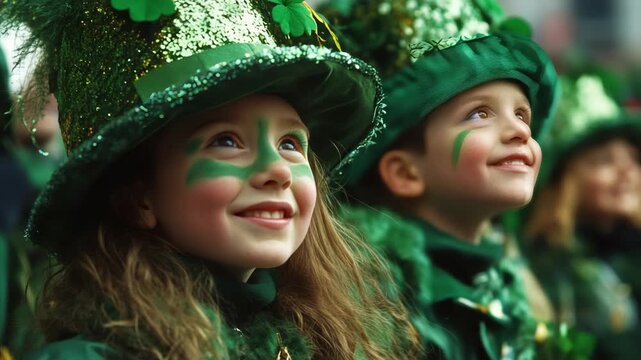Two children smiling with leprechaun costumes and shamrock face paint.