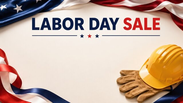 > Labor Day Sale advertising background. American flag bunting, yellow construction hard hat and leather work gloves on a clean ivory surface with copy space for retail promotion
