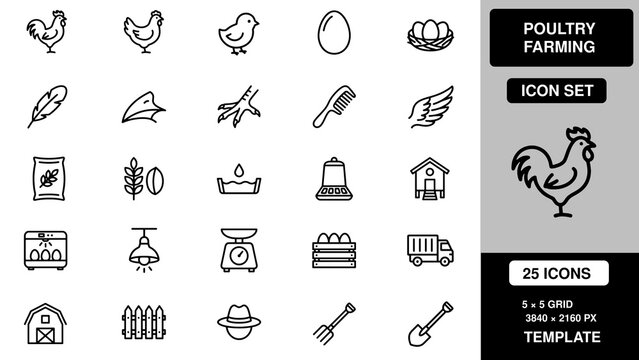 Poultry farming set showing chickens, eggs, farm buildings, tools, and agricultural equipment in a 5x5 grid template