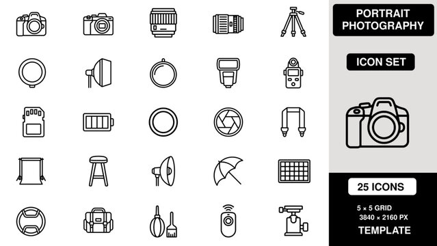 Portrait set featuring cameras, lenses, lighting equipment, tripods, and accessories in a 5x5 grid layout