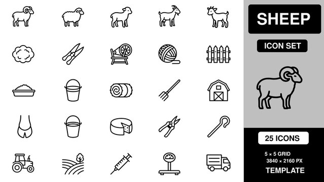 Sheep farming set featuring rams, ewes, lambs, goats, wool, farm tools, and agricultural equipment in a 5x5 grid layout