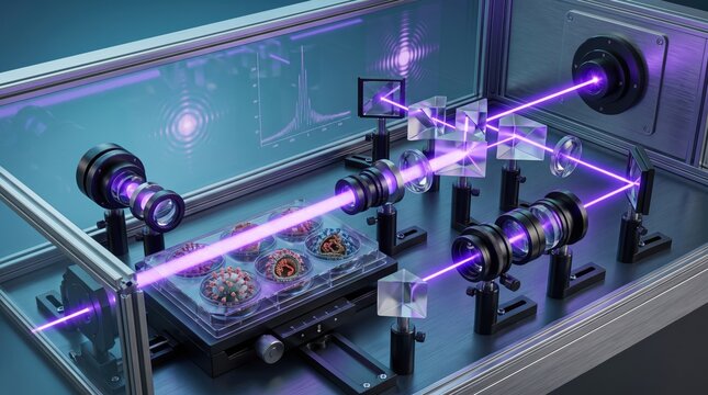 Advanced optical lab setup with purple laser beams and biological samples in multi-well plate
