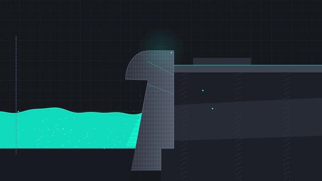 Scientific diagram showing fluid dynamics and water flow through a mechanical gate