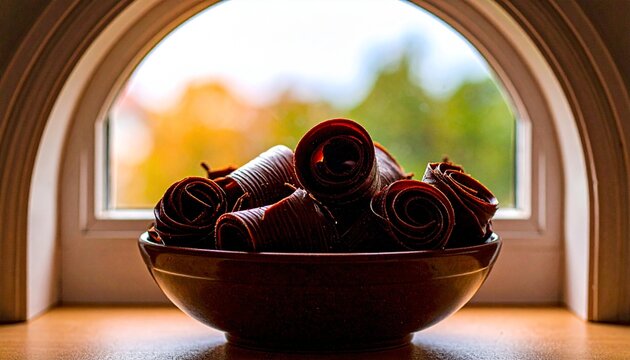 bowl of dark fruit leather rolls by an arched window