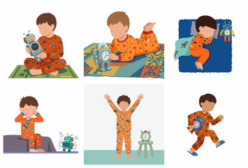 Little boy in rocket pajamas daily routine set with robot toy alarm clock, waking up, sleeping, and playing, flat vector illustration
