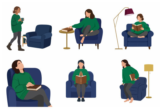 Vector illustrations of a young woman relaxing at home, reading a book, drinking coffee, and resting in a cozy armchair, minimalist lifestyle scenes set.
