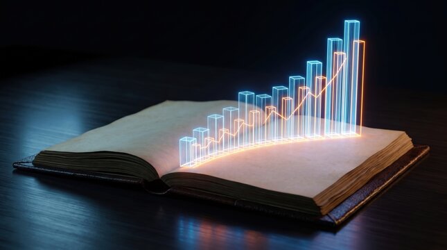 3D Glowing Financial Bar Chart and Growth Graph Rising from Open Book, Knowledge and Data Analytics Concept