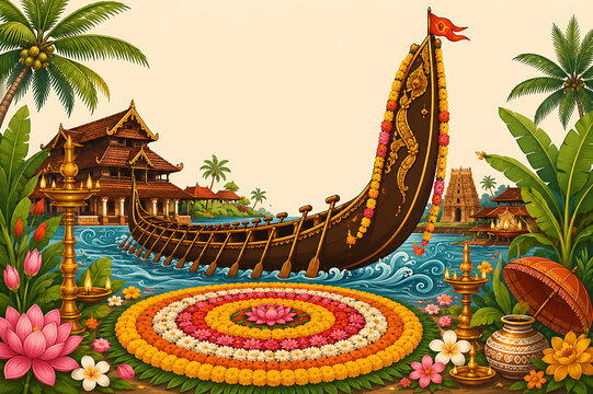 Onam Celebration Traditional Kerala Boat and Backwater Festive Banner Design