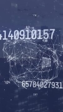 Animation of numbers, globe and connections over cityscape