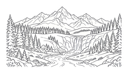 Fototapeta premium High detail mountain waterfall and forest coloring page.