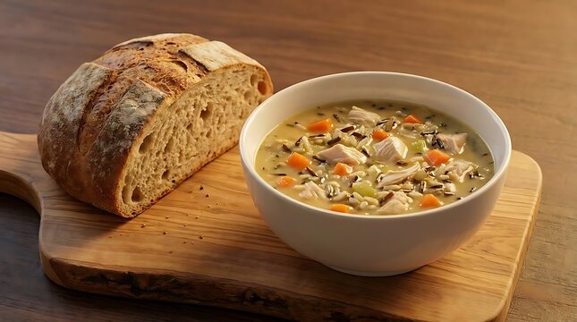 A warm bowl of creamy chicken wild rice soup served with a side of crusty artisan bread on a rustic wooden cutting board for a cozy homemade meal.