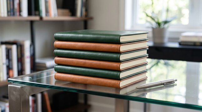 Stack of leather notebooks and journals on glass desk in bright modern home office