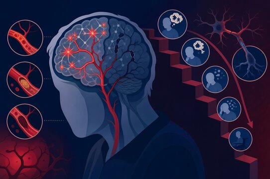 Vascular Dementia medical conceptual illustration showing brain damage from blocked blood vessels and a stepped chart depicting progressive cognitive decline