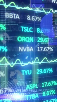 Animation of trading board and binary codes over graphs, globe and computer language in background