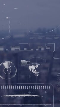 Animation of interface with data processing against aerial view of cityscape