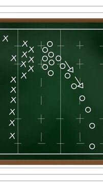 Animation of football game strategy drawn on green chalkboard against white lined paper background