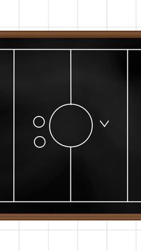 Animation of football game strategy drawn on black chalkboard against squared lined paper background