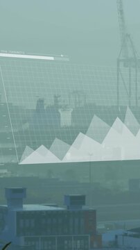 Animation of financial data processing over cityscape