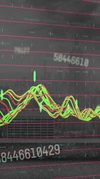 Animation of multiple changing numbers and data processing against aerial view of cityscape