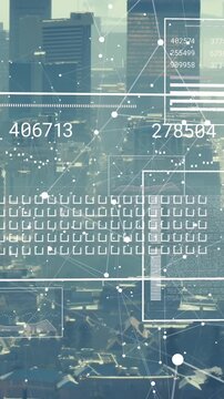 Animation of interface with data processing and network of connections over aerial view of cityscape