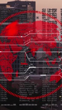 Animation of financial data processing over cityscape