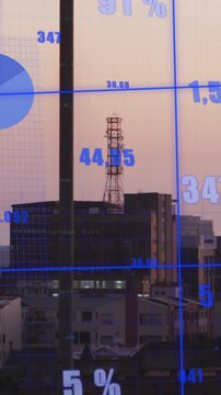 Animation of statistical data processing over grid network against aerial view of cityscape